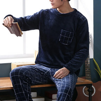 Őszi téli férfi hosszú ujjú meleg flanel pizsama szett Férfi korall bársony aranyos rajzfilm hálóruha pizsama Alkalmi otthoni ruhák