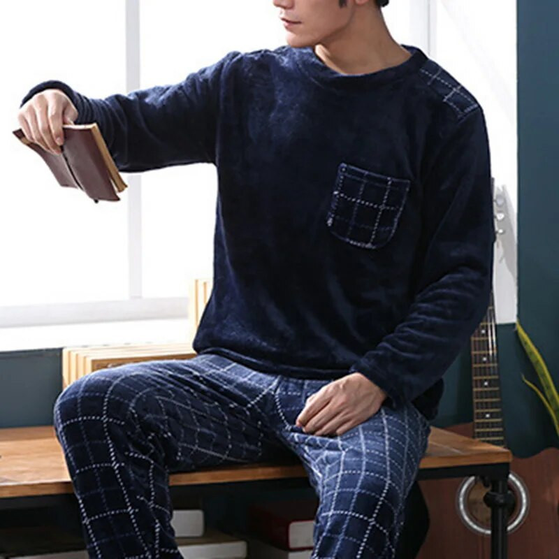 Őszi téli férfi hosszú ujjú meleg flanel pizsama szett Férfi korall bársony aranyos rajzfilm hálóruha pizsama Alkalmi otthoni ruhák
