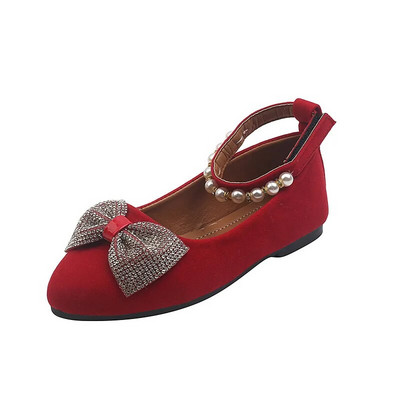 Meiteņu ādas apavi ballītēm kāzām Eleganti pavasara rudens ganāmpulka bērnu apavi Plakani mīksta princeses kristāla loka mezgla pērļu potītes siksna