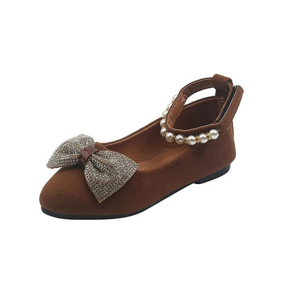 Meiteņu ādas apavi ballītēm kāzām Eleganti pavasara rudens ganāmpulka bērnu apavi Plakani mīksta princeses kristāla loka mezgla pērļu potītes siksna