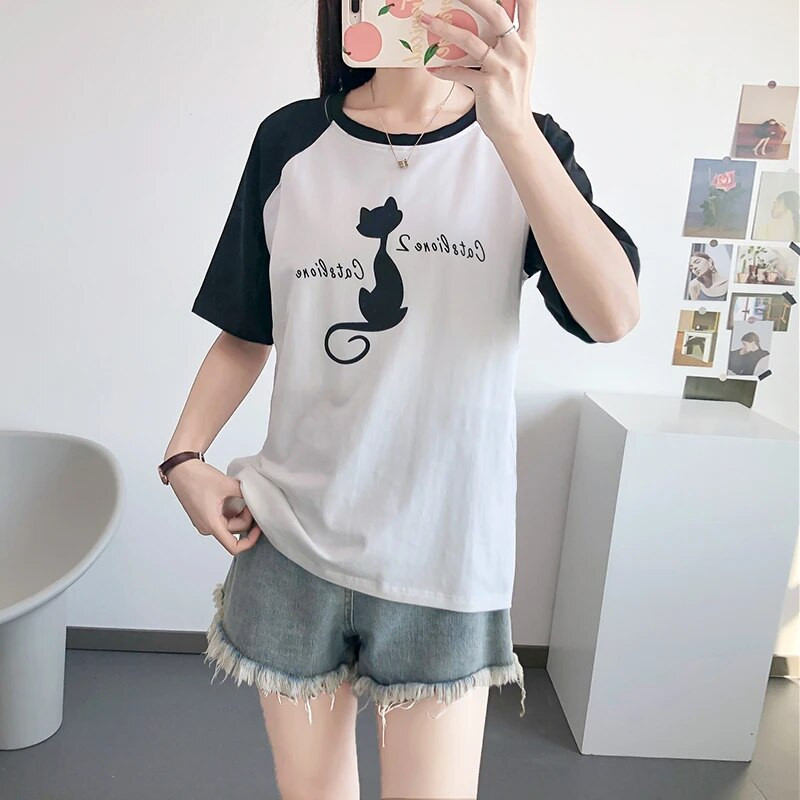 Black Kitty Print sieviešu T-krekls barojošai vasarai ar īsām piedurknēm, barojot bērnu ar krūti, tops grūtniecēm, apģērbs grūtniecēm 5008B