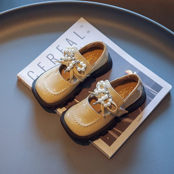 2023 Δερμάτινα παπούτσια για κορίτσια Ευέλικτο φιόγκο με μαργαριτάρια Κομψά παιδικά παπούτσια σε κορεατικό στυλ Άνοιξη Παιδικά Loafers Αντιολισθητικά Flats