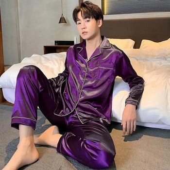 Нови мъжки комплекти пижами Копринен сатен Спално облекло за мъже Риза Пижама с дълъг ръкав Мъжка мода Меко домашно нощно облекло Големи размери