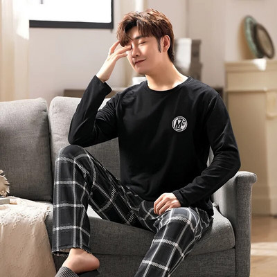 Jaunums Pavasara vīriešu pidžamas ar garām piedurknēm vīriešu pidžamu komplekts vīriešiem trikotāžas kokvilnas pidžamas vīriešiem naktsveļa uzvalks mājas apģērbs 4XL