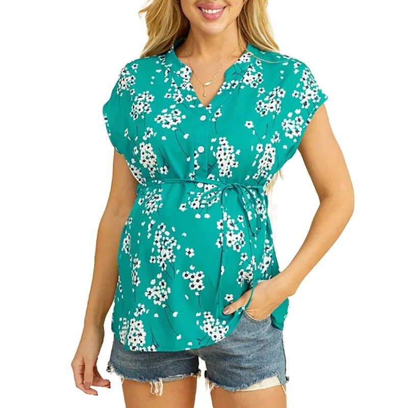 Női terhesség alkalmi póló kismama nyári V-nyakú, rövid ujjú pontmintás pólók felsők terhes tunika blúz kismama ruházat