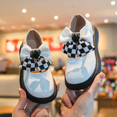 Proljeće 2023. Nove crne kožne cipele za djevojčice Modne dječje natikače princeze za studente Sjajne s mašnom od šahovnice