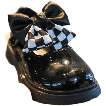 Άνοιξη 2023 Νέα, μαύρα δερμάτινα παπούτσια για κορίτσια, παιδικά μοκασίνια πριγκίπισσας μόδας για μαθητικά παιδιά γυαλιστερό με φιόγκο από σκακιέρα κορδέλα