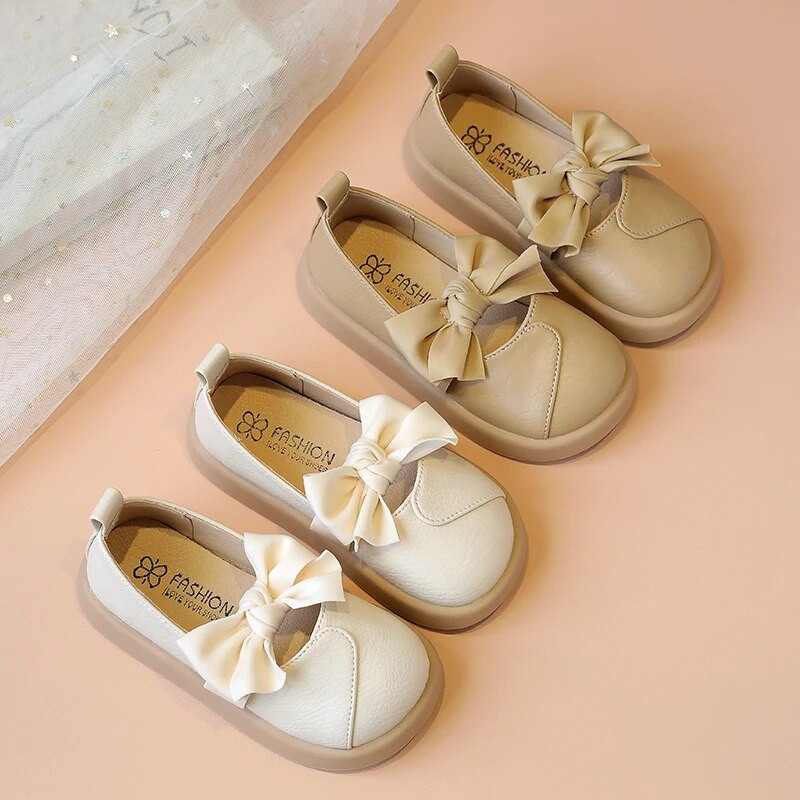 Dječje modne kožne cipele s okruglim prstima i mašnom Jednostavne ležerne isporučene u isporuci Neklizajuće jednobojne mokasine za djevojčice Slatke ravne cipele Nove 2023.