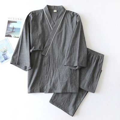 Kimono japonez de primăvară/toamnă Pijamale pentru bărbați Lenjerie de dormit pentru bărbați Top cu șireturi cu mânecă a noua și pantaloni largi, din două piese, pentru acasă