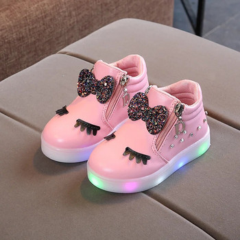 Размер 21-30 Детски светещи маратонки Детска принцеса с лък за момичета LED обувки Сладки розово червени бебешки маратонки със светещи обувки Светещи