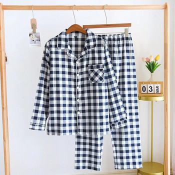 Двойки Памучни пижами с дълги ръкави и дълги панталони с кариран дизайн за мъже и жени Пролет и есен Комплект тънки пижами за домашно облекло