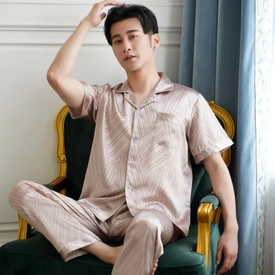 Vīriešu dizaineru pidžamas, 2023. gada jauns guļamveļa komplekts Pidžamas komplekts ar garām piedurknēm, guļambikses, bikses, guļamvalks Vīriešu plāns ledus zīda pidžamas komplekts