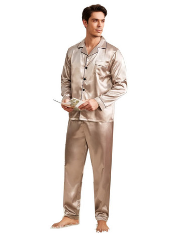 Домашно облекло Пижами за мъже С дълги ръкави Дълги панталони Сатен Комплект пижами от две части Многоцветни пролетни и есенни пижами Мъжки