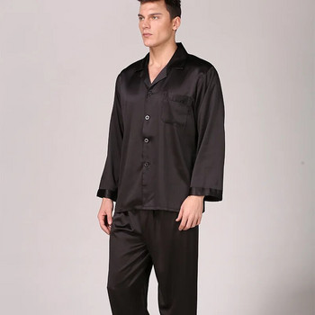 Мъжки ревер, яка, копче, преден сатенен пижамен комплект, домашно спално облекло, дълъг панталон, комплект от две части, спално облекло за двойка, голям размер