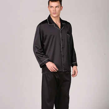 Мъжки ревер, яка, копче, преден сатенен пижамен комплект, домашно спално облекло, дълъг панталон, комплект от две части, спално облекло за двойка, голям размер