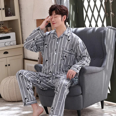 CAIYIER Sügistalvine Meeste Pidžaama komplekt Alla keeratav krae pikkade varrukatega püksid magamisriided vaba aja pidžaama ööpidžaama kodukandmine 3XL