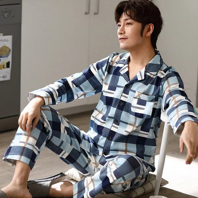 CAIYIER Sügistalvine Meeste Pidžaama komplekt Alla keeratav krae pikkade varrukatega püksid magamisriided vaba aja pidžaama ööpidžaama kodukandmine 3XL