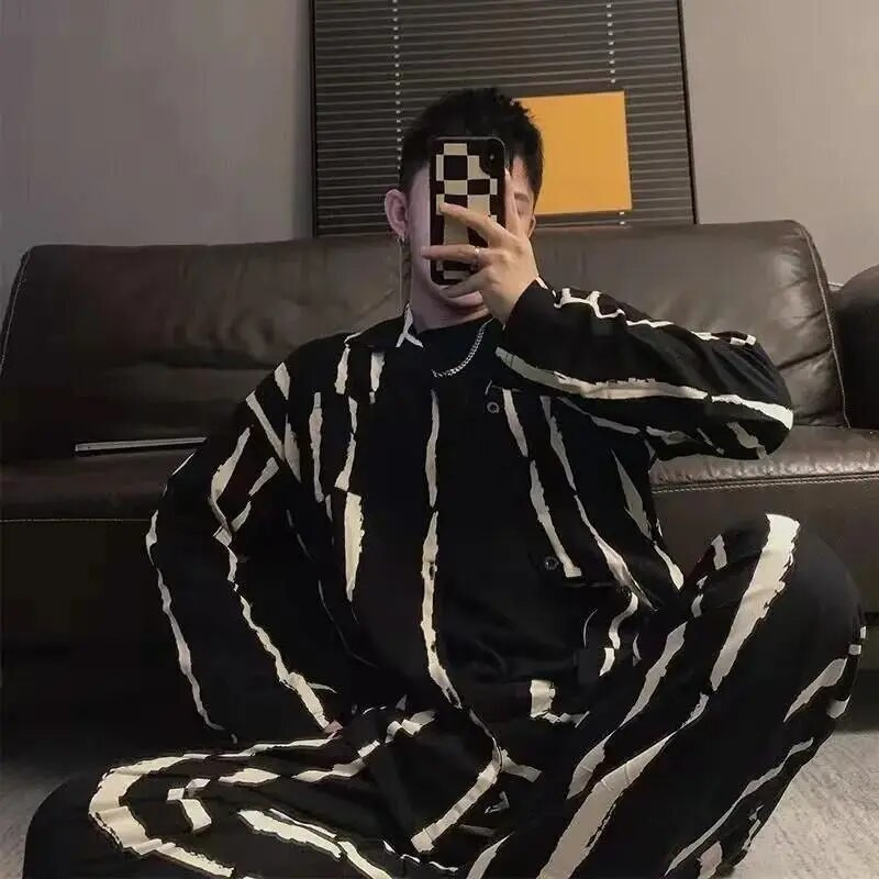 CAIYIER Sügistalvine Meeste Pidžaama komplekt Alla keeratav krae pikkade varrukatega püksid magamisriided vaba aja pidžaama ööpidžaama kodukandmine 3XL