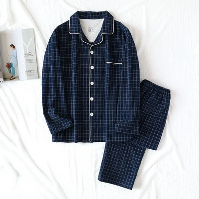 Karirani dizajn Pidžame s hlačama Muškarci Proljeće Ljeto i Jesen Tanke Pamučne Tanke Kućna odjeća jednostavnog stila Široka spavaćica Muško odijelo