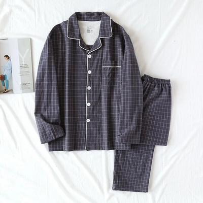 Karirani dizajn Pidžame s hlačama Muškarci Proljeće Ljeto i Jesen Tanke Pamučne Tanke Kućna odjeća jednostavnog stila Široka spavaćica Muško odijelo