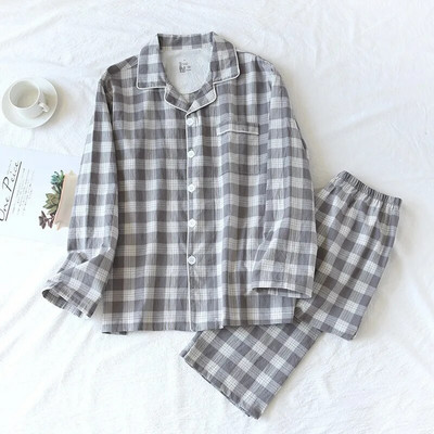 Karirani dizajn Pidžame s hlačama Muškarci Proljeće Ljeto i Jesen Tanke Pamučne Tanke Kućna odjeća jednostavnog stila Široka spavaćica Muško odijelo