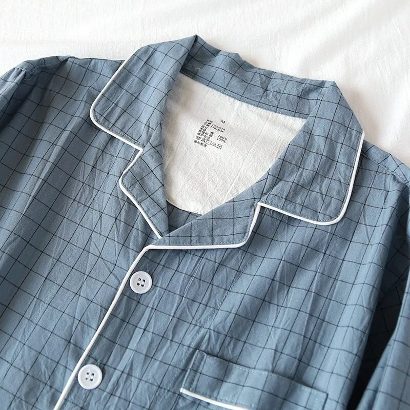 Karirani dizajn Pidžame s hlačama Muškarci Proljeće Ljeto i Jesen Tanke Pamučne Tanke Kućna odjeća jednostavnog stila Široka spavaćica Muško odijelo