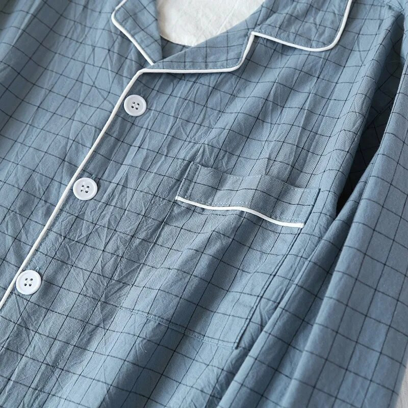 Karirani dizajn Pidžame s hlačama Muškarci Proljeće Ljeto i Jesen Tanke Pamučne Tanke Kućna odjeća jednostavnog stila Široka spavaćica Muško odijelo