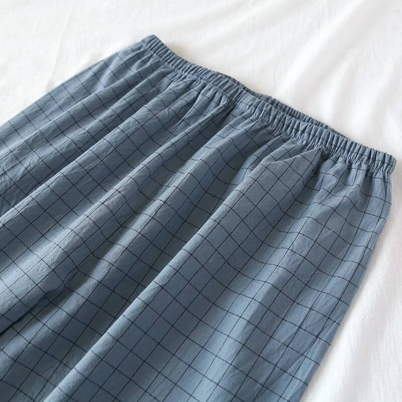 Karirani dizajn Pidžame s hlačama Muškarci Proljeće Ljeto i Jesen Tanke Pamučne Tanke Kućna odjeća jednostavnog stila Široka spavaćica Muško odijelo