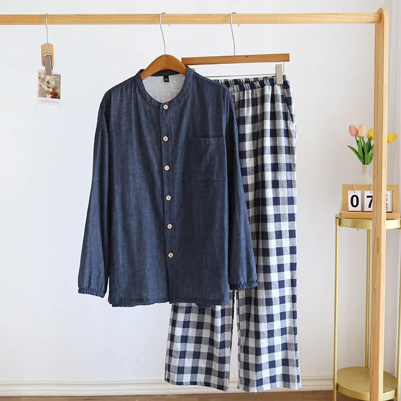 Jaciņas vienkrāsaini topi ar garām piedurknēm ar garu bikšu rūtu apdrukātu kokvilnas pidžamu komplekti Vīriešu mājas apģērbi pavasarim un rudenim