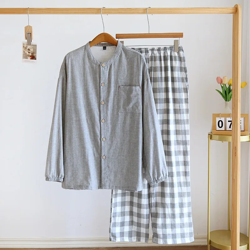Jaciņas vienkrāsaini topi ar garām piedurknēm ar garu bikšu rūtu apdrukātu kokvilnas pidžamu komplekti Vīriešu mājas apģērbi pavasarim un rudenim