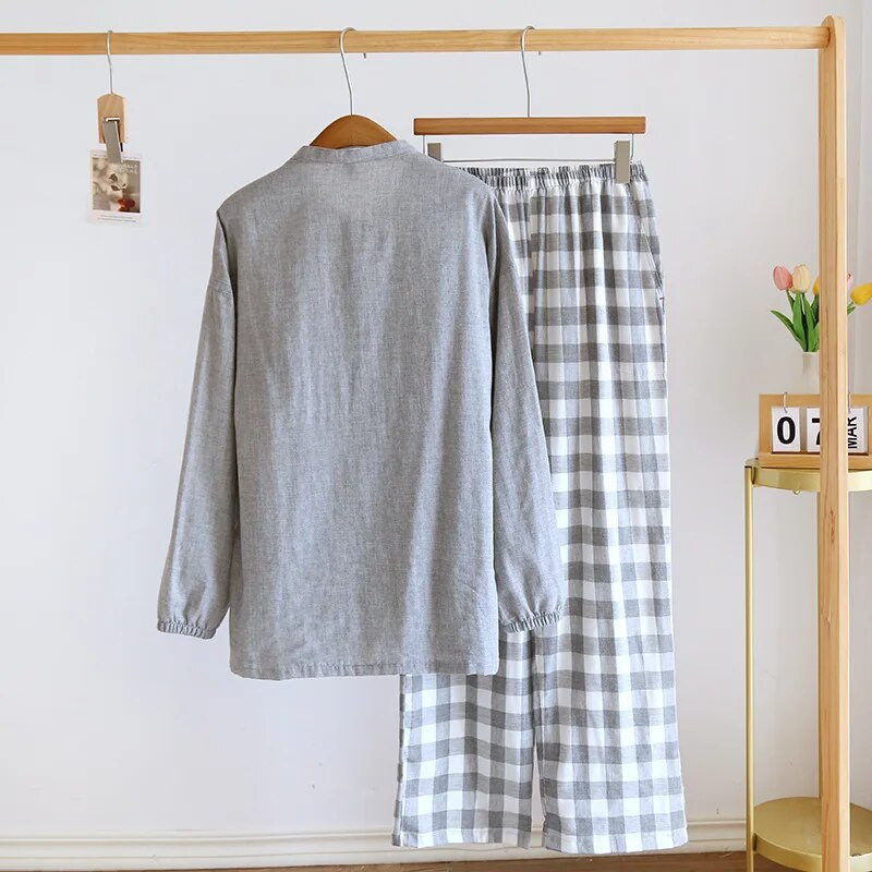 Jaciņas vienkrāsaini topi ar garām piedurknēm ar garu bikšu rūtu apdrukātu kokvilnas pidžamu komplekti Vīriešu mājas apģērbi pavasarim un rudenim