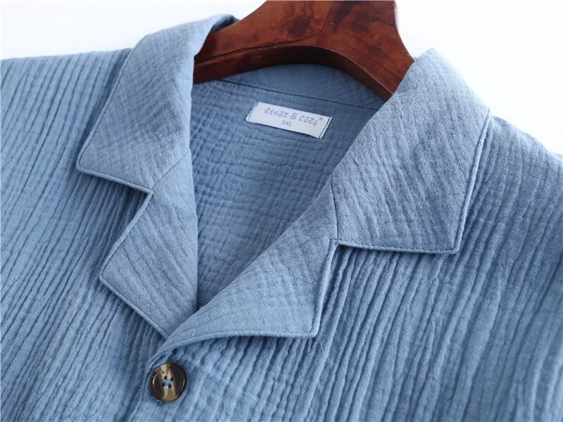 Proljetni novi proizvodi Muška vodena tekstura Krep gaza Odijelo Pidžama s ovratnikom Jednobojna gumba Kućni komplet Kvalitete Muška dnevna odjeća