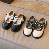 Korejiešu stila liela loka bērnu ādas apavi 2023. gada pavasarī, jaunas meitenes ar apaļiem purngaliem, vienkārši, jauki princešu ikdienas apavi, bērnu modes PU