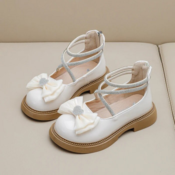 Детска мода Елегантни кожени обувки за момичета Шик 2023 Нови семпли кристали с лък Ежедневни дропшиппинг Обувки на принцеса Любов Неплъзгащи се