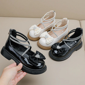 Детска мода Елегантни кожени обувки за момичета Шик 2023 Нови семпли кристали с лък Ежедневни дропшиппинг Обувки на принцеса Любов Неплъзгащи се
