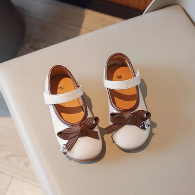 Meiteņu princese Rudens Ādas Melns Balts Bowknot Slip-on Bērnu Plakanas Kurpes 26-36 Gumijas zole Neslīdoša Bērnu Causls Apavi