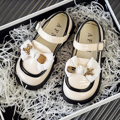 Meiteņu princese Rudens Ādas Melns Balts Bowknot Slip-on Bērnu Plakanas Kurpes 26-36 Gumijas zole Neslīdoša Bērnu Causls Apavi