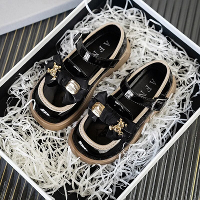 Meiteņu princese Rudens Ādas Melns Balts Bowknot Slip-on Bērnu Plakanas Kurpes 26-36 Gumijas zole Neslīdoša Bērnu Causls Apavi