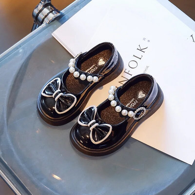 Meiteņu princese Rudens Ādas Melns Balts Bowknot Slip-on Bērnu Plakanas Kurpes 26-36 Gumijas zole Neslīdoša Bērnu Causls Apavi