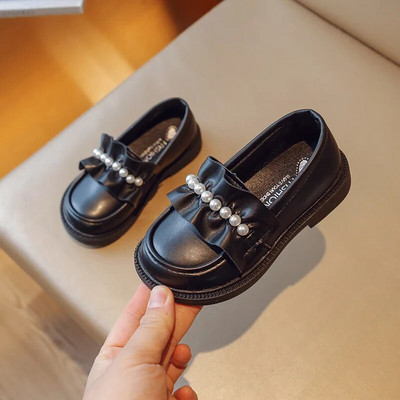 Meiteņu princese Rudens Ādas Melns Balts Bowknot Slip-on Bērnu Plakanas Kurpes 26-36 Gumijas zole Neslīdoša Bērnu Causls Apavi