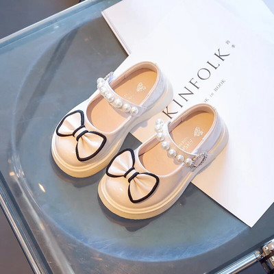 Meiteņu princese Rudens Ādas Melns Balts Bowknot Slip-on Bērnu Plakanas Kurpes 26-36 Gumijas zole Neslīdoša Bērnu Causls Apavi