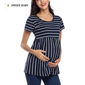 Majica kratkih rukava za trudnice s okruglim izrezom, raznobojna prugasta majica kratkih rukava, prozračna, lagana, svakodnevna, ležerna odjeća za dojenje