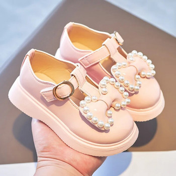 Ανοιξιάτικα φθινοπωρινά κοριτσίστικα δερμάτινα παπούτσια με μαργαριτάρια με φιόγκο με χάντρες Princess Sweet Cute απαλά άνετα παιδικά Flats παιδικά παπούτσια