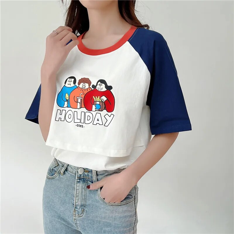 Rövid ujjú póló bő nyomott körgallérral nyári szoptatás felső terhes nők ruházat anyák viselete 2212