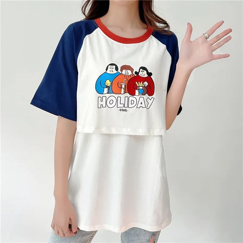 Rövid ujjú póló bő nyomott körgallérral nyári szoptatás felső terhes nők ruházat anyák viselete 2212