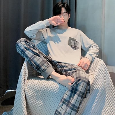 Big Yards L-4XL pilnos medvilnės pižamos vyriškos pižamos para hombre ilgomis rankovėmis laisvalaikio miegui skirtų vyriškų namų drabužių pilkos pižamos rinkinys vyrams