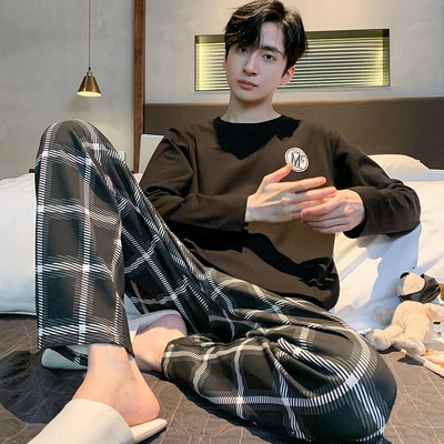 Big Yards L-4XL pilnos medvilnės pižamos vyriškos pižamos para hombre ilgomis rankovėmis laisvalaikio miegui skirtų vyriškų namų drabužių pilkos pižamos rinkinys vyrams