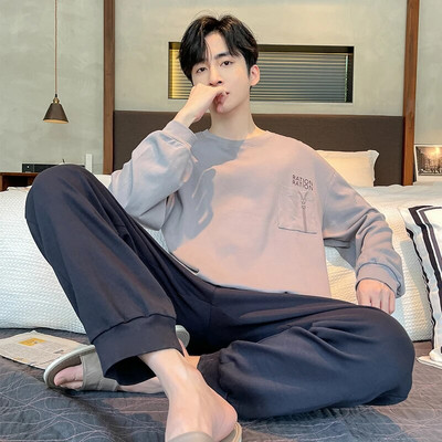 Big Yards L-4XL pilnos medvilnės pižamos vyriškos pižamos para hombre ilgomis rankovėmis laisvalaikio miegui skirtų vyriškų namų drabužių pilkos pižamos rinkinys vyrams