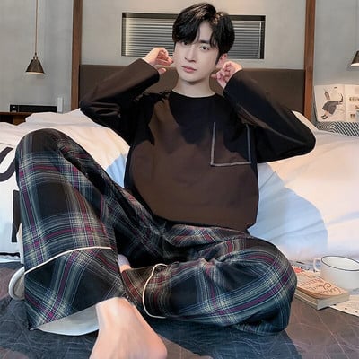 Big Yards L-4XL pilnos medvilnės pižamos vyriškos pižamos para hombre ilgomis rankovėmis laisvalaikio miegui skirtų vyriškų namų drabužių pilkos pižamos rinkinys vyrams