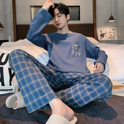 Big Yards L-4XL pilnos medvilnės pižamos vyriškos pižamos para hombre ilgomis rankovėmis laisvalaikio miegui skirtų vyriškų namų drabužių pilkos pižamos rinkinys vyrams